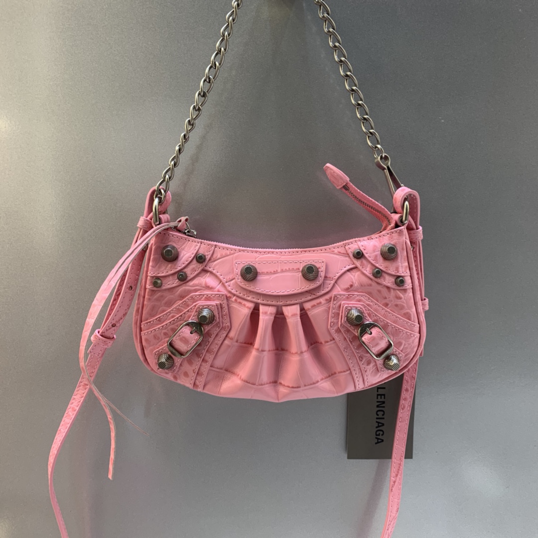 Balenciaga Le Cagole Mini Bag With Chain Crocodile Embossed Shoulder Bag Pink